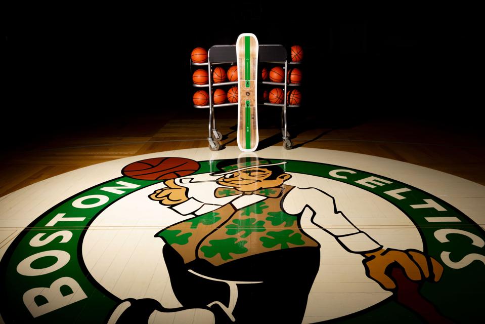 Burton Snowboards' limited-edition MINE77 x Celtics Floor Board with parquet floor wood